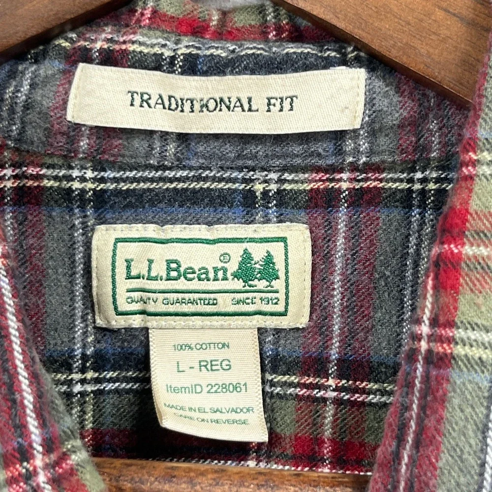 LL Bean Flannel Shirt Mens L Gray Red Scotch Plaid Traditional Outdoor Heritage